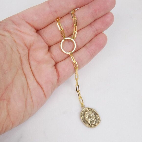 new with box lariat paperclip link chain lariat with disc coin charm pendant - Picture 2 of 8